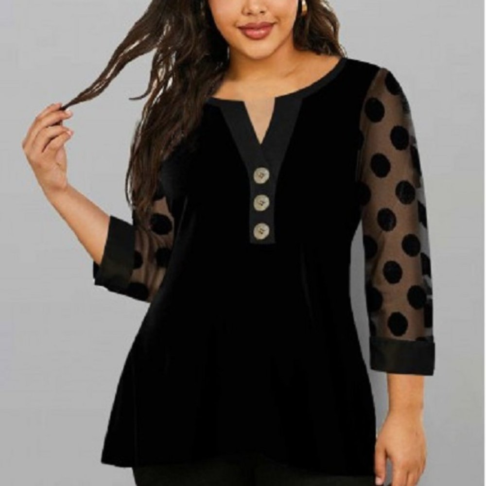 Plus Size Split Neck Dot Mesh Sleeve Blouse